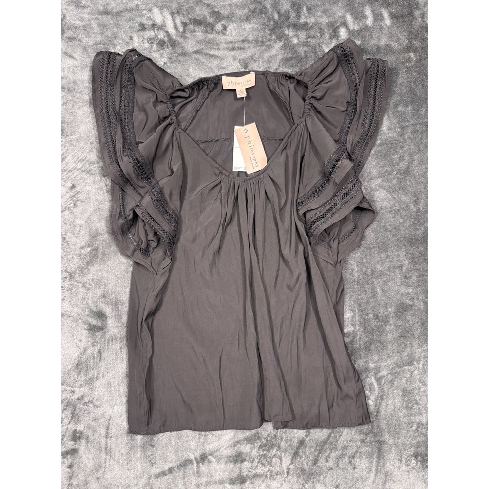NWT Philosophy Republic Clothing Women's S Black Ruffle Sleeve Blouse